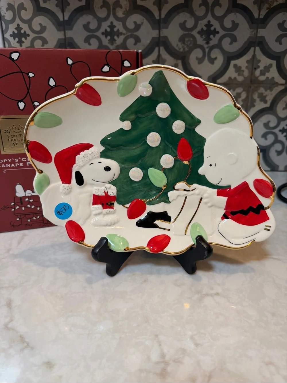 LENOX 2004 “SNOOPY'S CHRISTMAS” CANAPE PLATE 24K Gold Gilding- NEW IN ORIG BOX